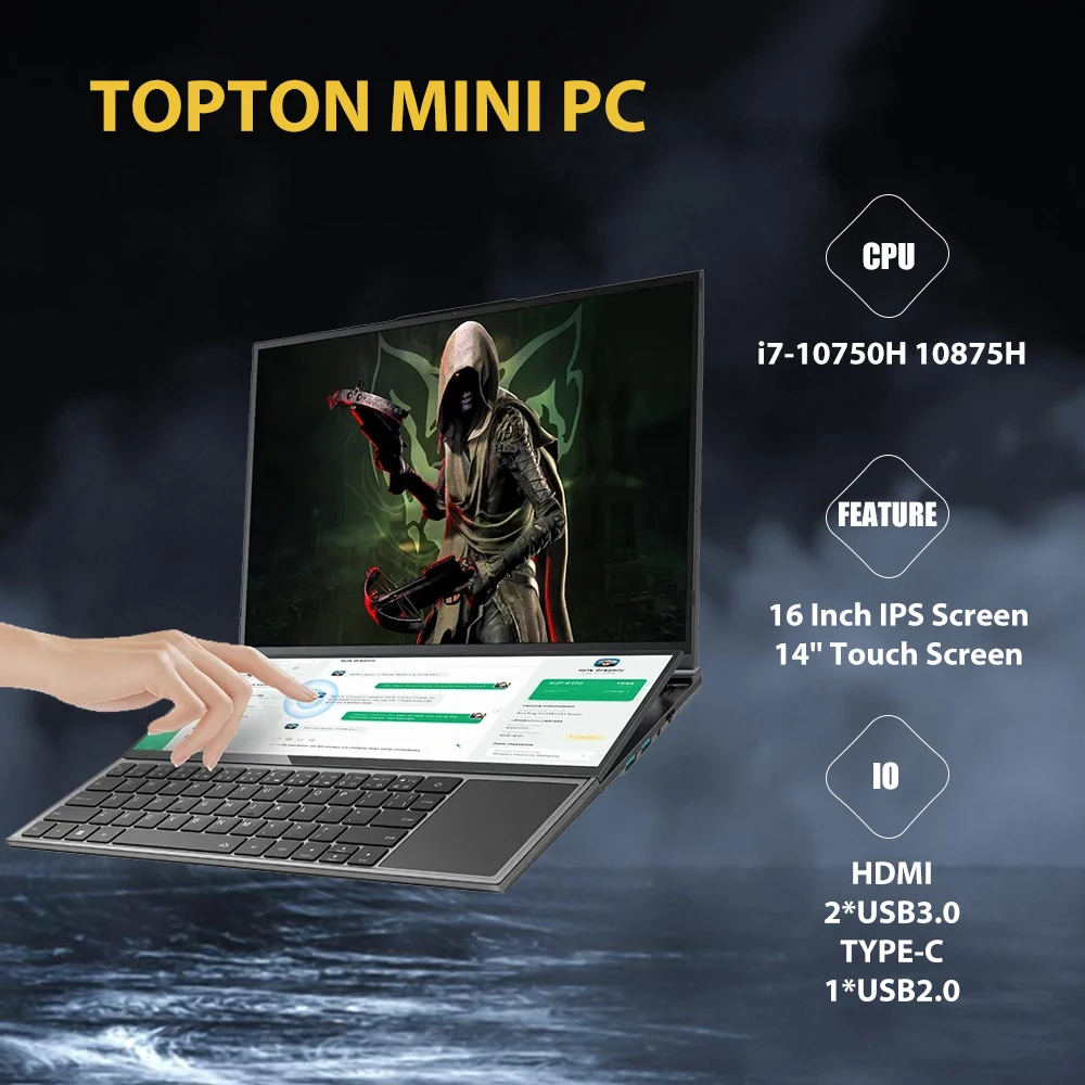 

Topton Dual Screen Gaming Laptop 16 Inch IPS + 14'' Touch Intel I7-10750H Max 64GB DDR4 4TB NVMe Slim Notebook Gamer PC Computer