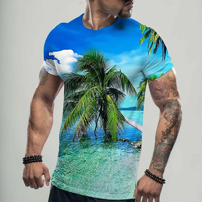 New men's T-shirt Hawaiian Shirt 3D Printing Round-neck Beach Scenery Fishing Pattern Large Size Men's Pullover