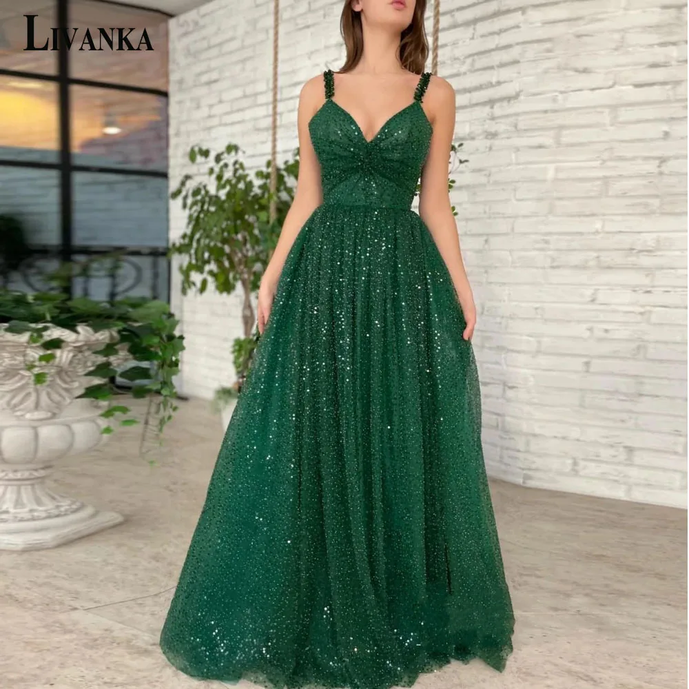 

LIVANKA Charming Evening Prom Dresses Green Sexy V-Neck Sequin Spaghetti Straps Backless Special Occasion Custom Made Vestidos