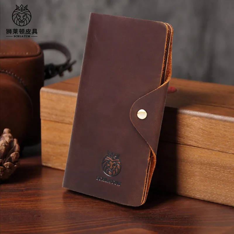 Vintage Men's Long Wallets Crazy Horse First Layer Cowhide Leather Large Capacity Clutch Slim Card Holder Purse Handmade Wallets