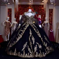 Black Quinceanera Dresses With Cape Lace Applique Sweet 16 Mexican Girls Prom Gowns Ruffles vestidos de 15 años