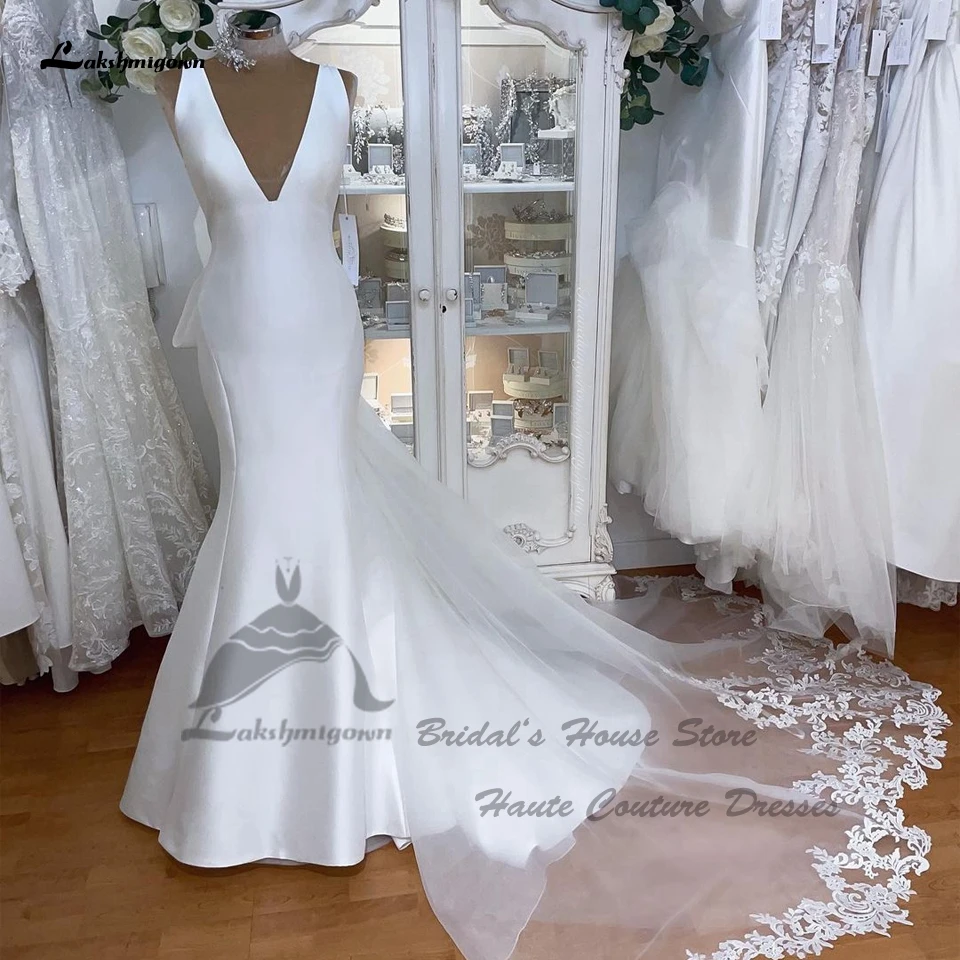 Vestido Casamento Civil Satin Mermaid Wedding Gowns With Detachable Skirt 2023 Princess Bridal Dresses Deep V Neck Open Back
