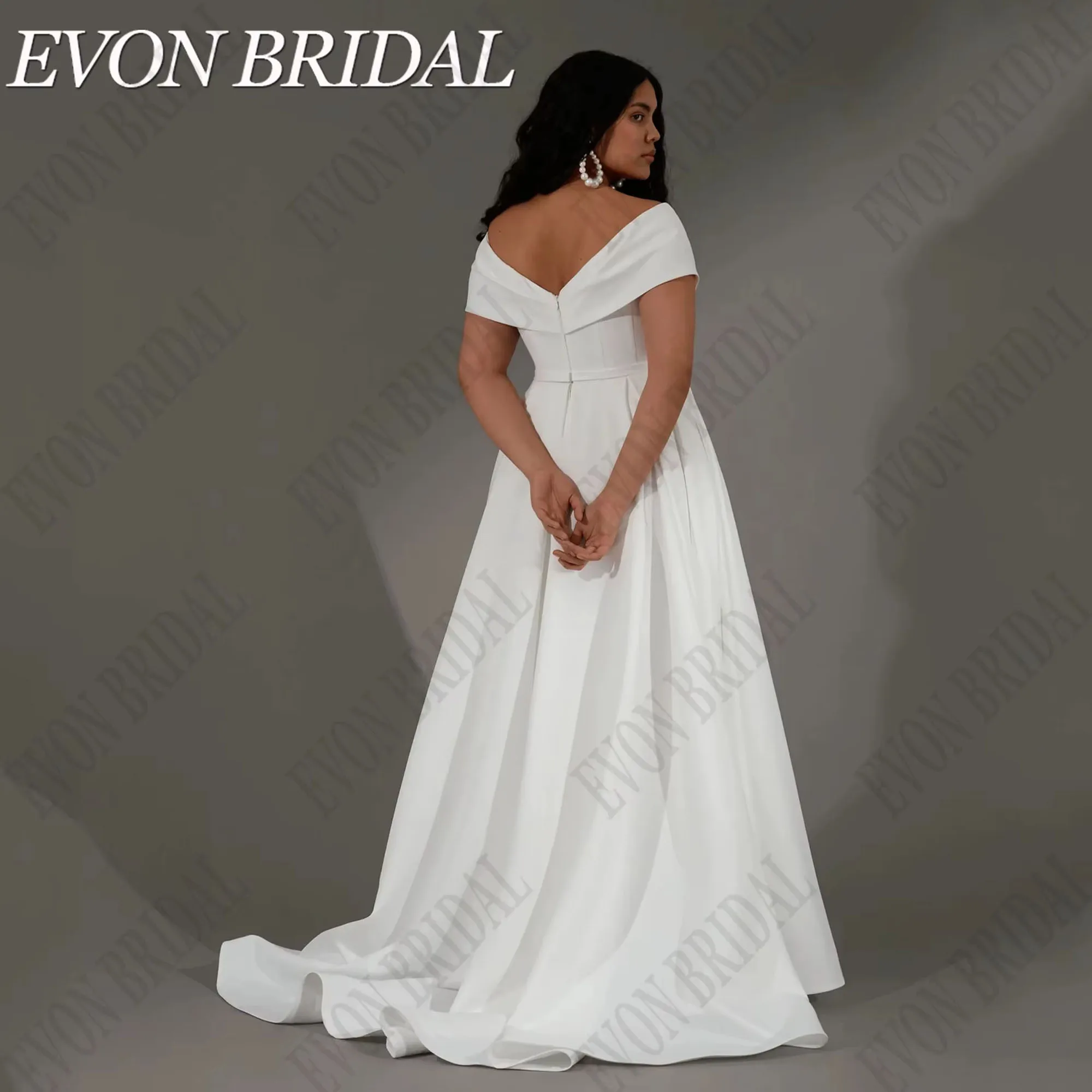 Фото EVON BRIDAL Свадебные платья с открытыми плечами Большие размеры Женское атласное платье трапециевидной формы для невесты цвета слоновой кости Vestidos De Novia со шлейфом по индивидуальному заказу №2