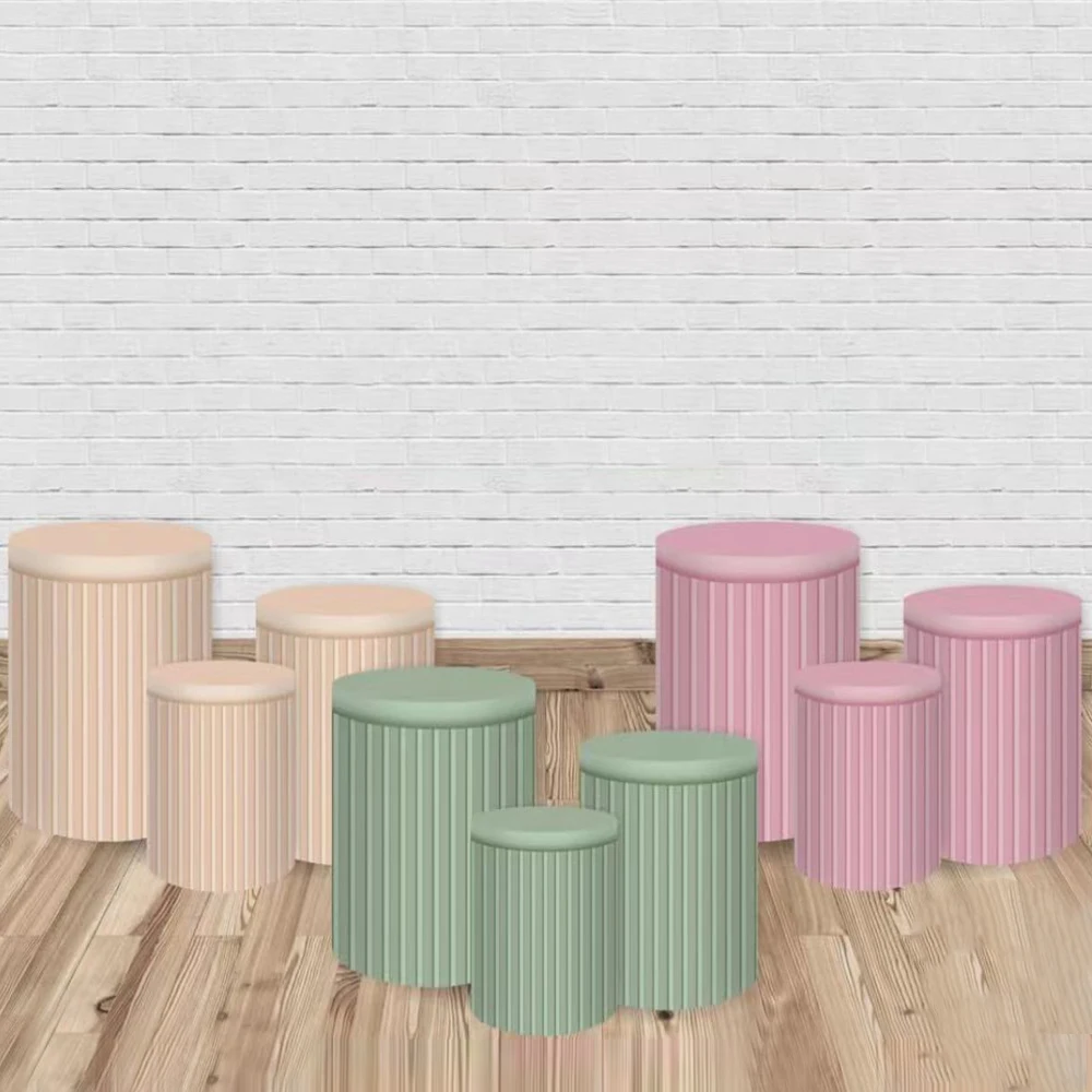 Customize Slatted Stripes Cylinder Column Covers Table Pedestal Cover Party Decoration Fabric Print Pink Blue Grey