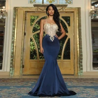sexy dark blue long evening dresses sweetheart applique with diamond satin mermaid floor length backless formal prom party gown