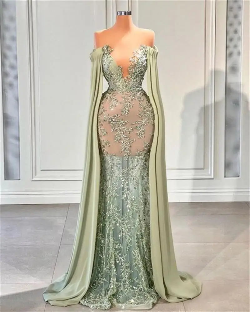 

Green Beaded Mermaid Prom Dresses With Cape Lace Appliqued V Neck Women Gowns Illusion Sweep Train Formal Evening Dress