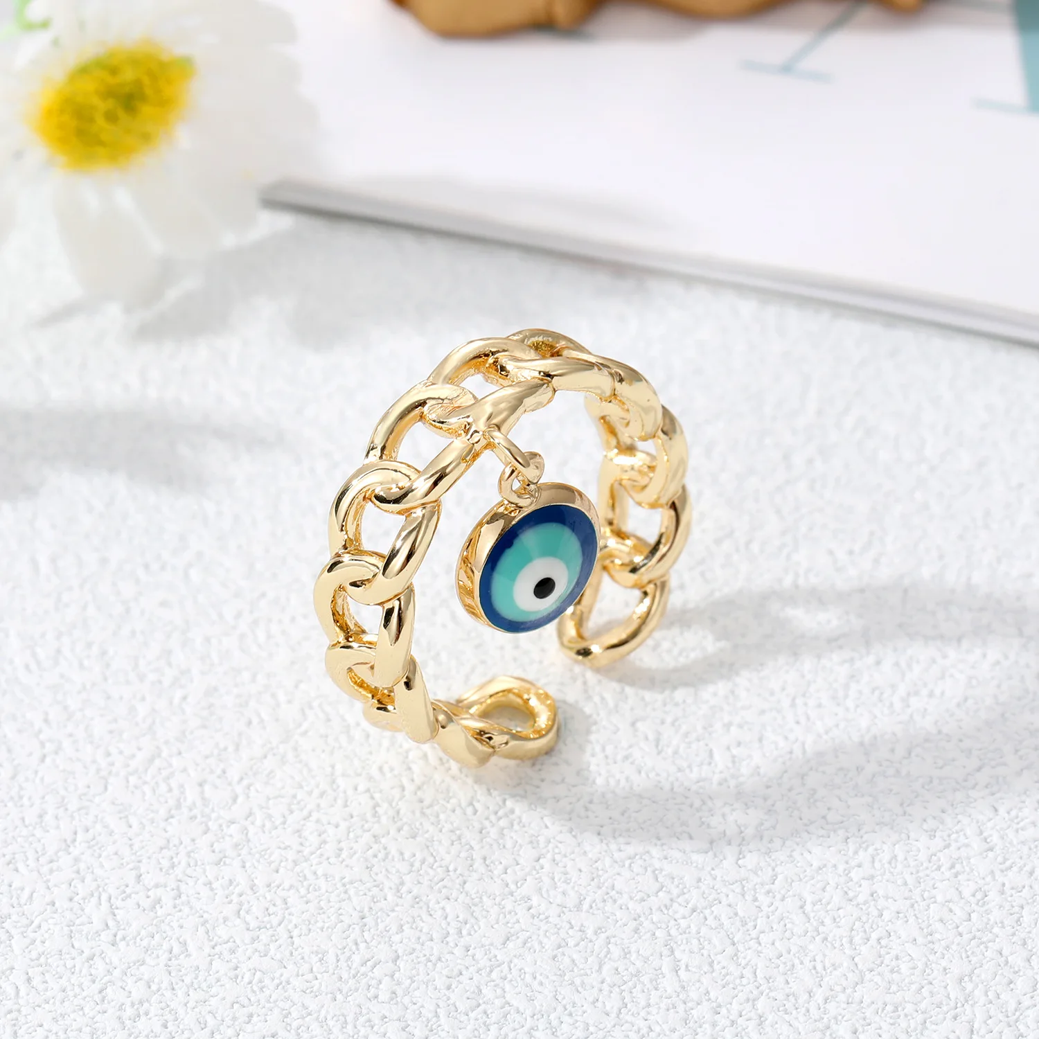 

Popular Fashion Blue Turkish Evil Eye Rings For Women Gold Color Twisted Hollow Chain Shape Adjustable Open Ring Jewelry Gift