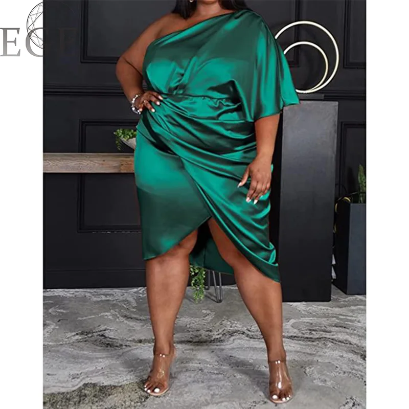 Women's Plus Size Satin One Shoulder Ruched Bodycon Asymmetrical Party Cocktail Midi Long Dress