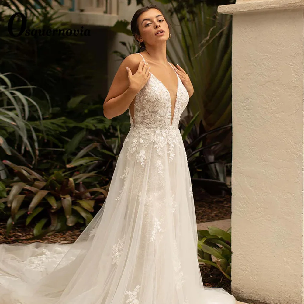 

Osquernovia Gorgeous Backless A-line Wedding Dresses 2023 V-neck Spaghetti Straps Lace Appliques Sweep Train Vestido De Noiva
