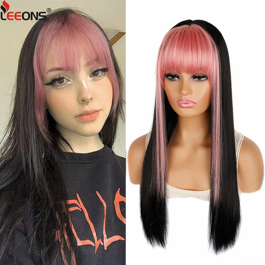 

Long Black Straight Wig With Bangs Cosplay Wig Two Tone Ombre Synthetic Wigs For Black Women For Daily Halloween Cosplay Party