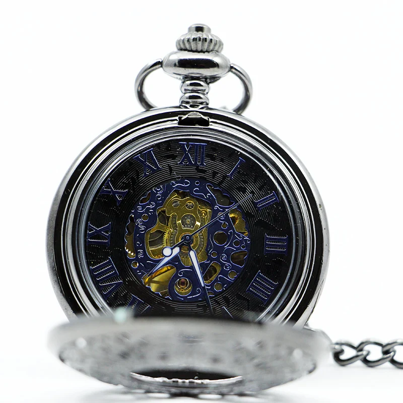 Antique Mechanical Pocket Watch Hollow Black Dial Hand-Winding Men Pendant Collection Fob Chain Watch Skeleton Steampunk Clock
