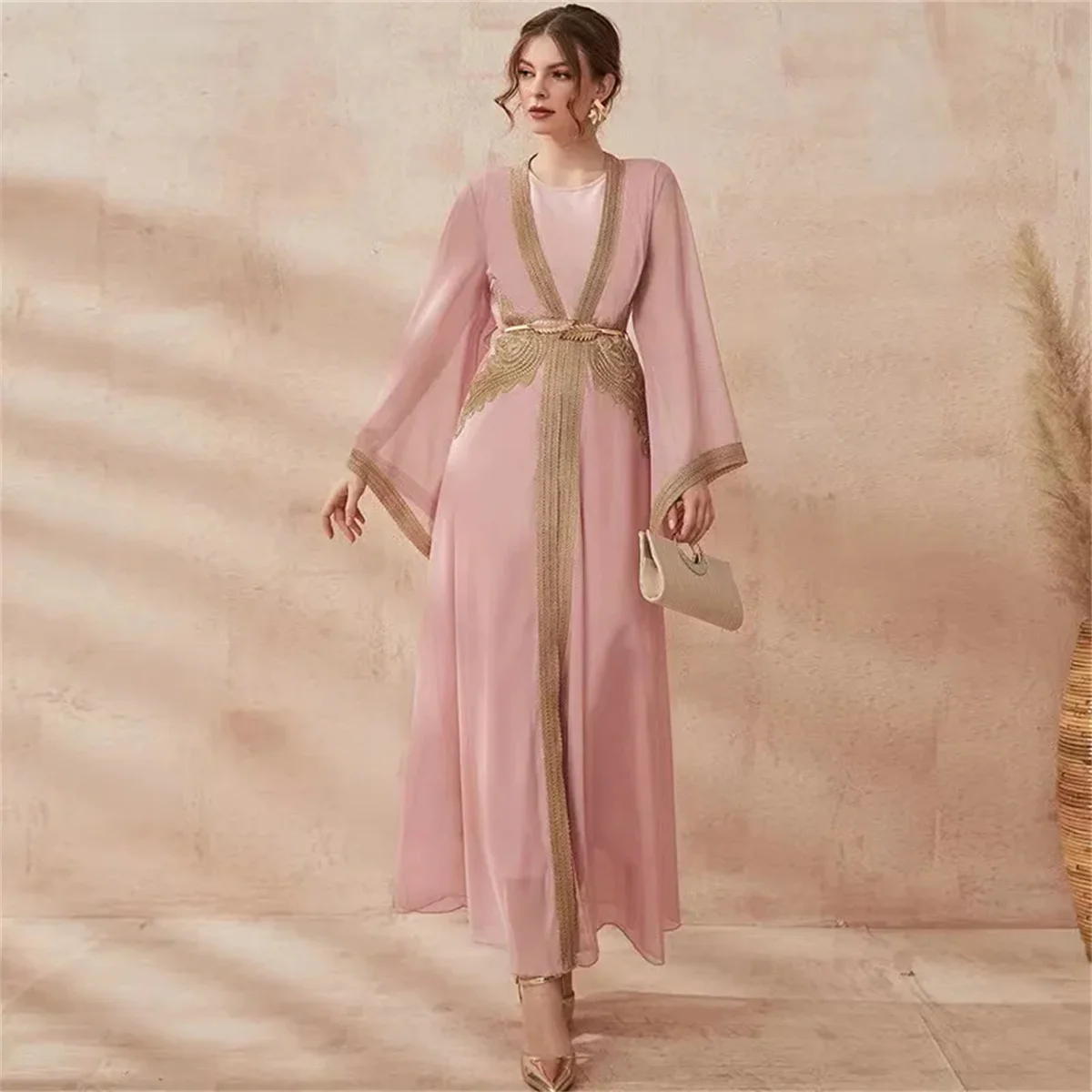 

Muslim Arabic Formal Evening Dresses Dubai Kaftan Chiffon Pleats Pearls Beaded Elegant Bow Moroccan Caftan Floor Length 2023