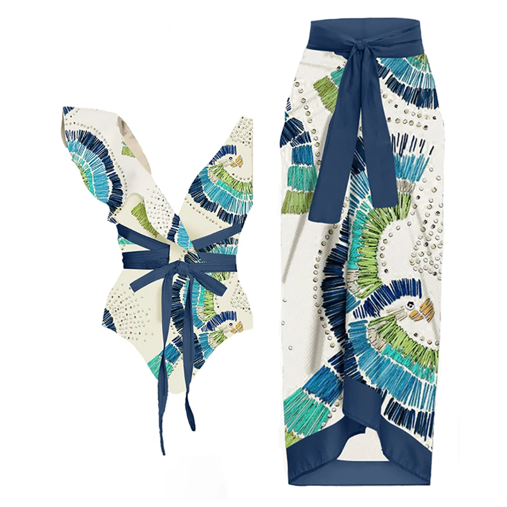 

Green Print Deep V Bikini Set and Cover Up Ruffle Straps Backless Sexy Beachwear Ladies Slim High Waist Fit Summer Swimsuit