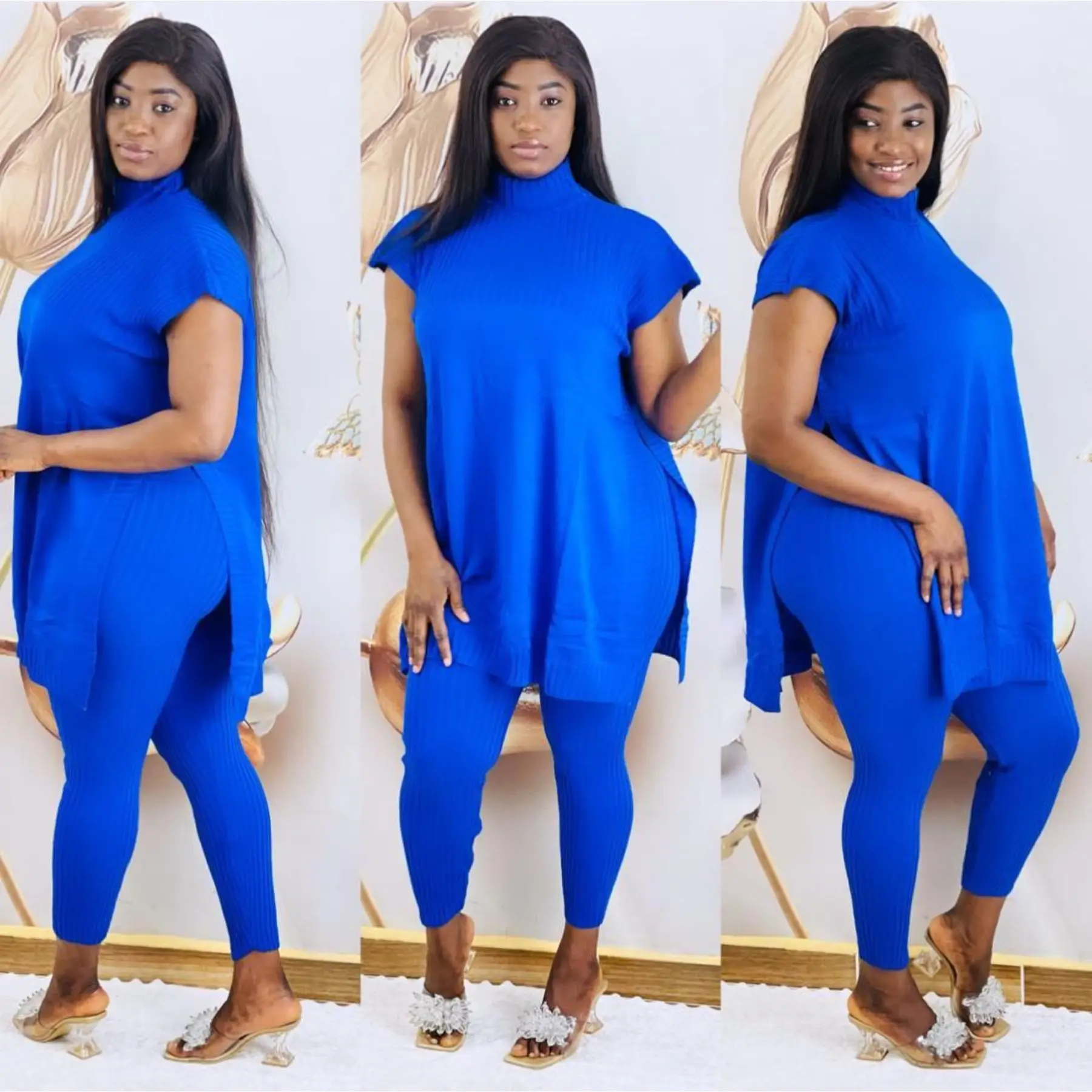 

Женский спортивный комплект из 2 предметов, вязаный полосатый длинный свитер с высоким воротником и Длинные Мешковатые брюки, спортивный му...