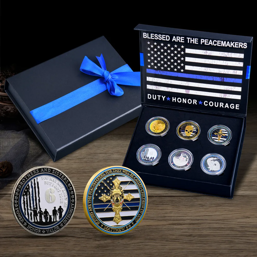 US ST. Michael Police Officer Challenge Coin Thin Blue Line God Bless Law Enforcement Police 6 Commemorative Coins with Gift Box