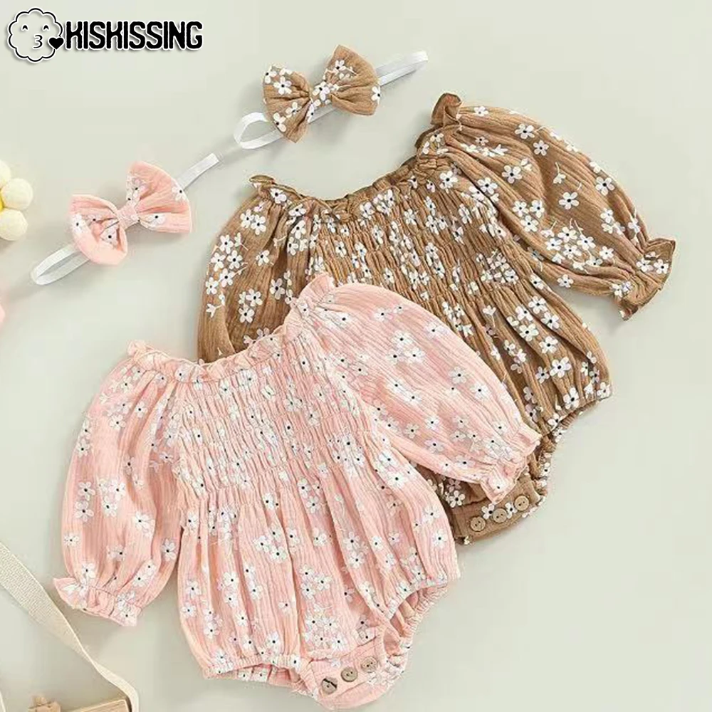 

KISKISSING Baby Girl Onesies Jumpsuit Long Sleeve Floral Print Off-Shoulder Bodysuit Headband 2pcs Kids Spring Summer Clothing