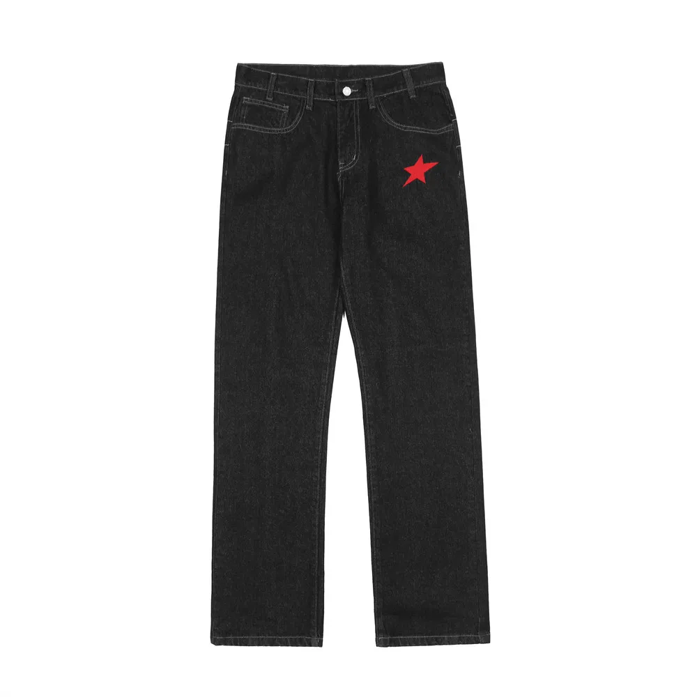 Chic Star Letter Embroidery Trousers Black Hip Hop Men Straight Jeans Streetwear Male Baggy Denim Pants New Fashion Spodnie