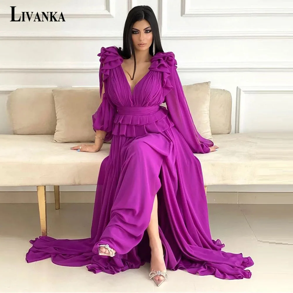 

LIVANKA Elegant Evening Prom Dresses Purple V-Neck Long Puffy Sleeves Beach Girl Gown Made To Order Vestidos Robes De Soirée