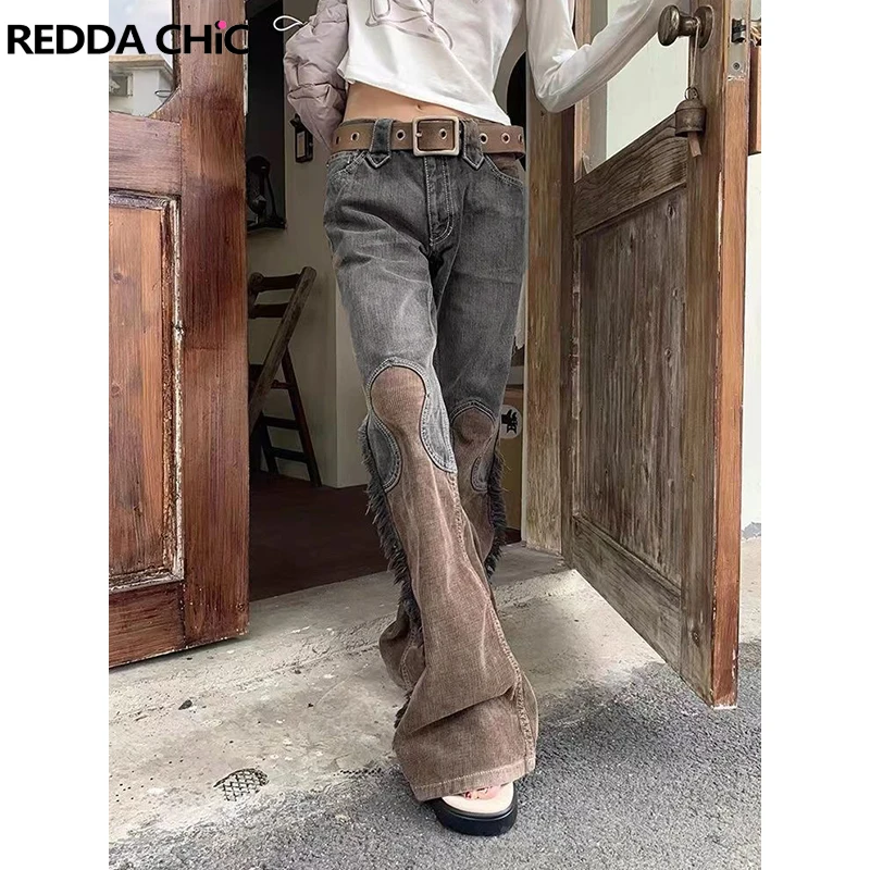 ReddaChic Women Flared Jeans 2022 Trend Side Tassel Stitching Corduroy Bootcut Pants Retro Denim Trousers Old School Clothes 90s