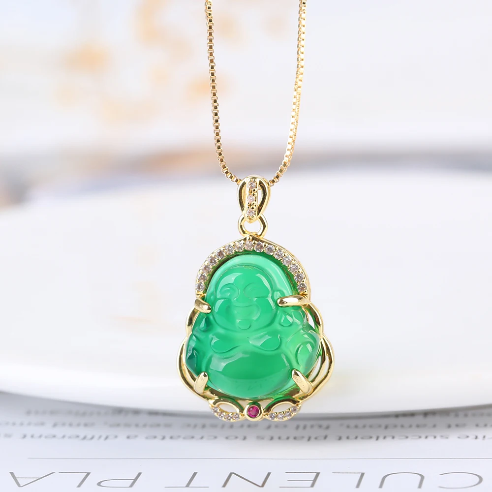 

Wholesale High Quality Multicolor Border Inlaid Zircon Adjustable Religious Agate Jade Buddha Necklace