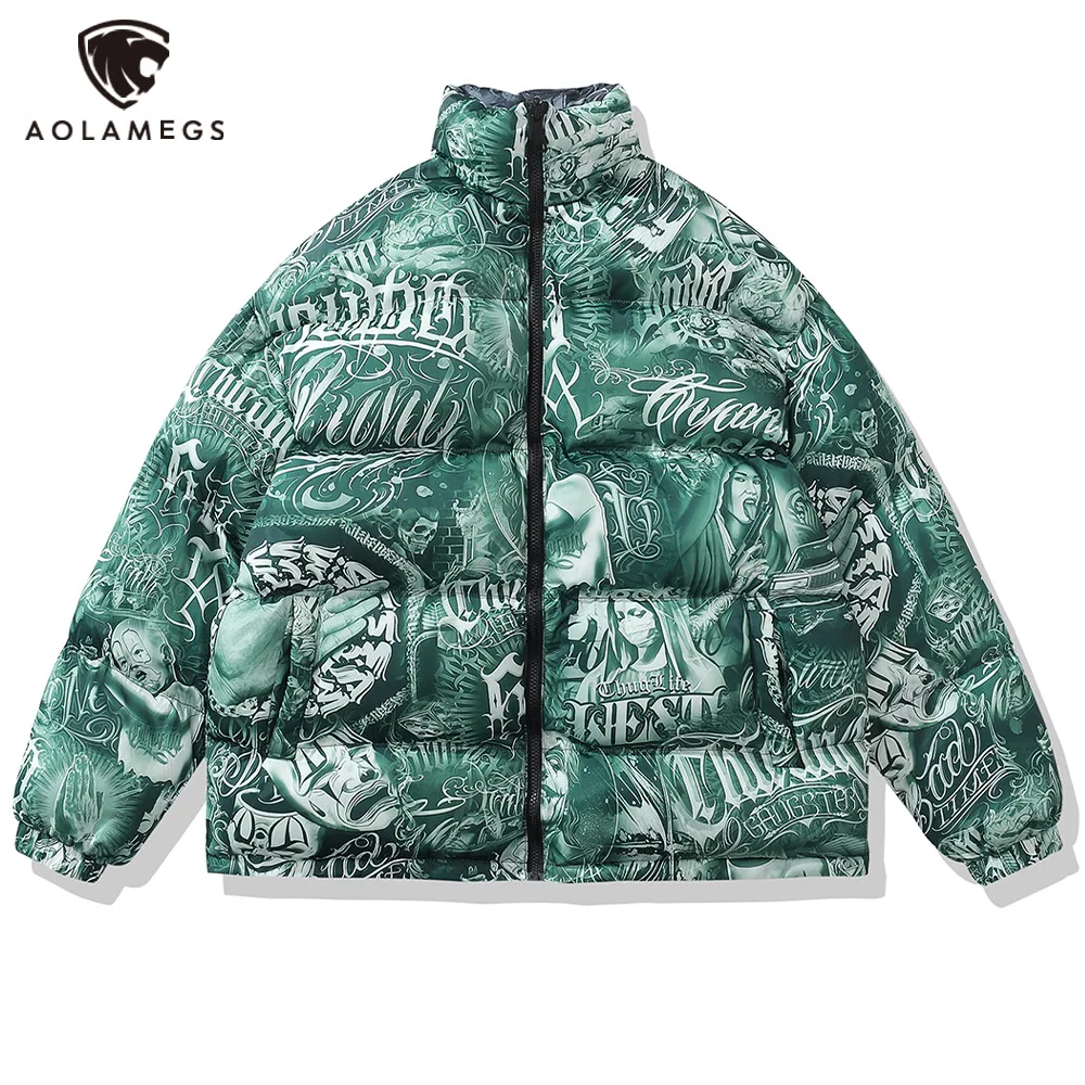 

Men Hip Hop Reversible Jacket Parka Streetwear Retro Graphic Harajuku Padded Jacket Winter Cotton Casual Windbreaker Warm Coats