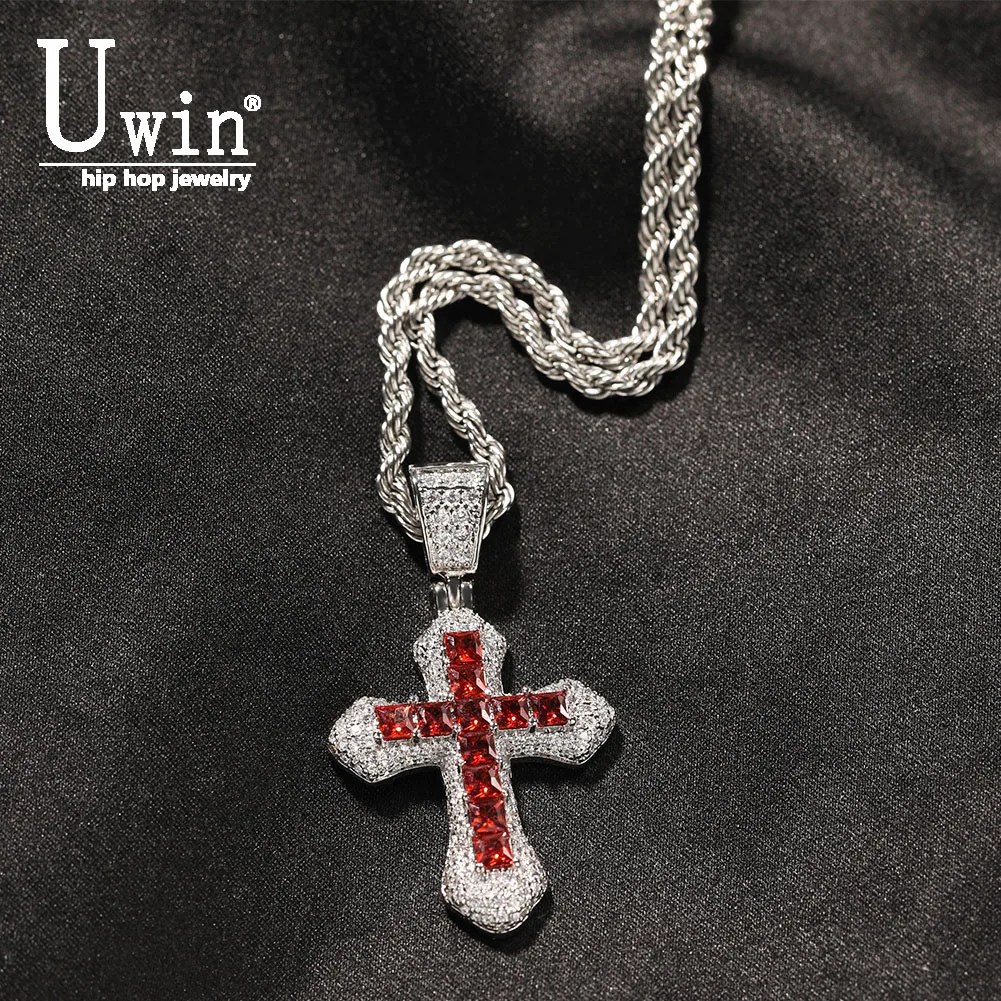 UWIN Square Zircon Cross Pendant Necklace For Women Men 2 Layers Iced Out Baguette CZ Stones Charms Fashion Jewelry for Gift