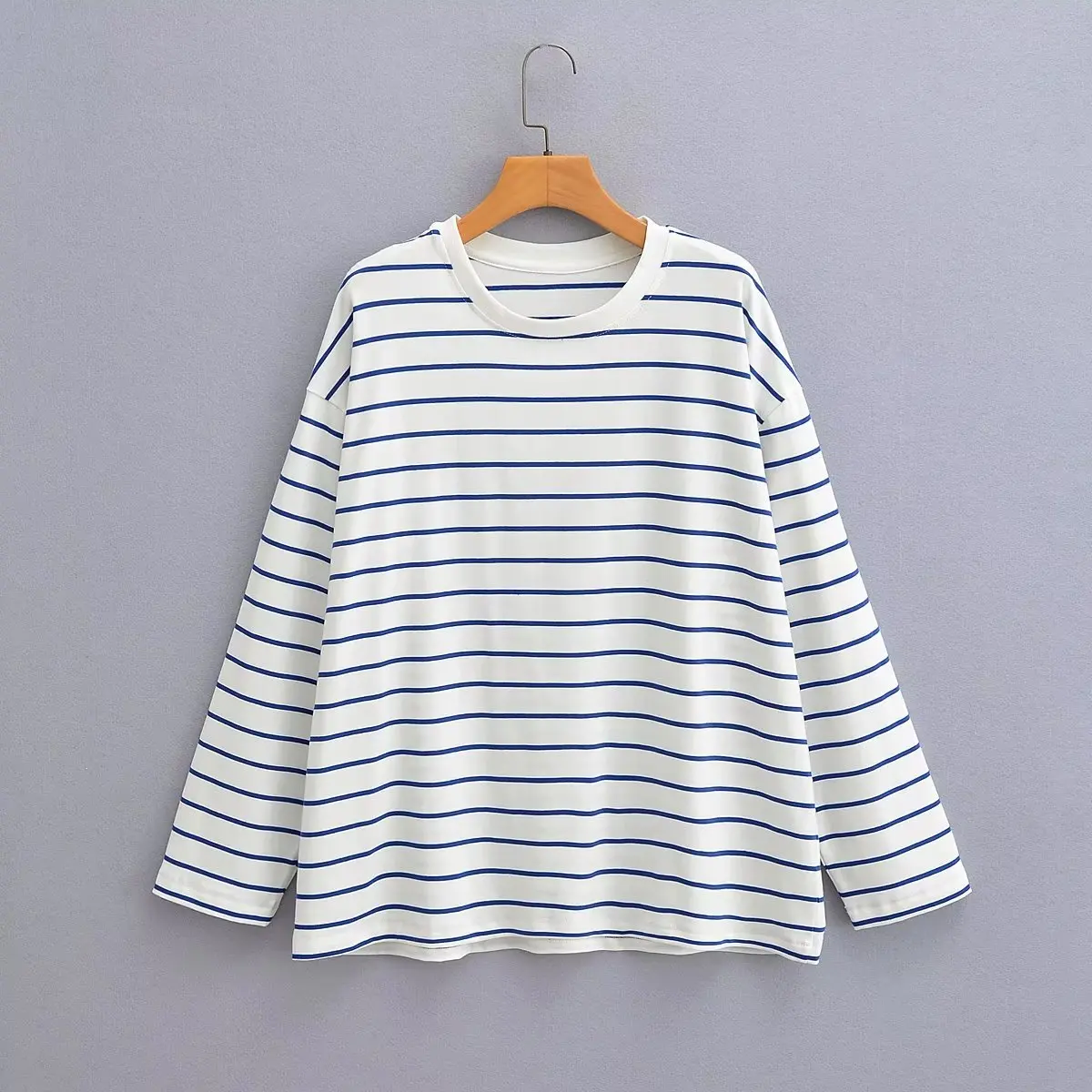 

Dave&Di 2023 Vintage Blue Striped Tshirts Women Casual Tops Long Sleeve Tshirts