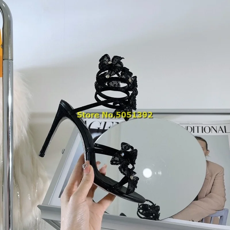 Сандалии с цветочным рисунком босоножки на тонком высоком каблуке ремешком