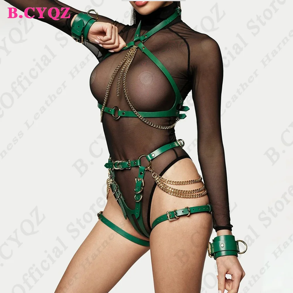 

B.CYQZ Sexy Women Harness Body Bondage Lingerie Leather Garters for Women Chain Tassel Leg Suspender Cage Set BDSM Rave Clothes
