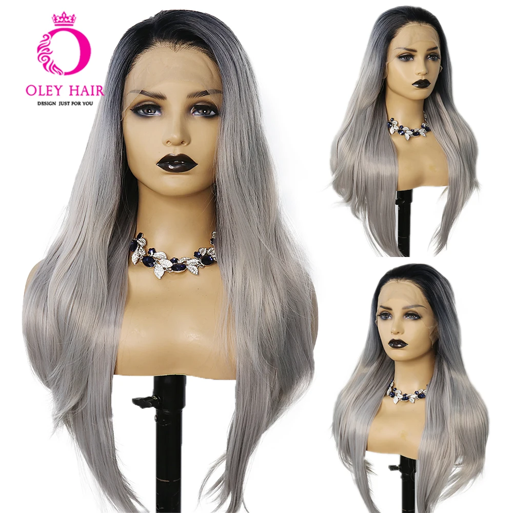 Ombre Grey Colored Heat Resistant 13x4 Synthetic 30 Inch Straight Lace Front Wig Pre Plucked Cosplay Wigs For Black Women