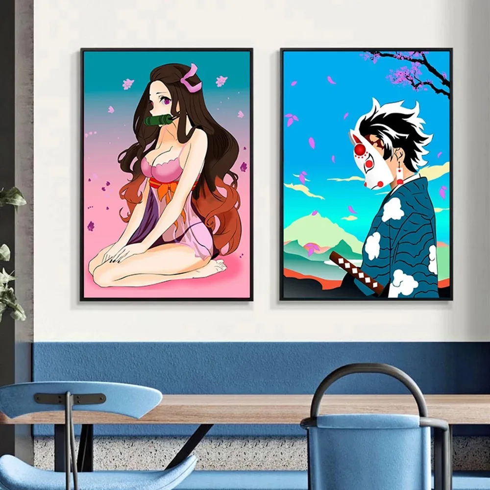 

Japan Anime Demon Slayer Character Nezuko Kamado and Tanjiro Kamado Canvas Painting Poster Pictures Home Kids Room Decoration
