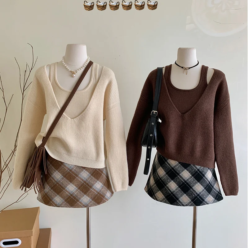 

Sweater Women's V-neck Pullover Autumn And Winter Loose Lazy Style Knitwear Top Strap Two-piece Set Fashion Women's Set