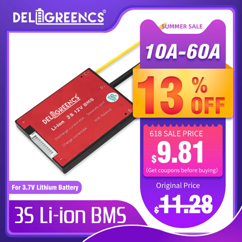 

Deligreen 3S 10A 15A 20A 30A 40A 50A 60A 12V PCM/PCB/BMS for lithium battery pack 3.7V Rated 18650 Lithion Ion Battery Pack