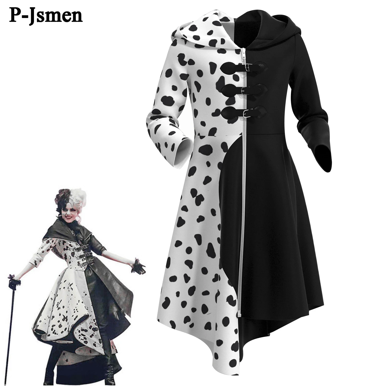 

Костюм для косплея P-jsman Cruella, черно-белое платье ведьмы, для Хэллоуина, вечеринки, косплей для девочек, униформа из фильма, костюм для вечерни...