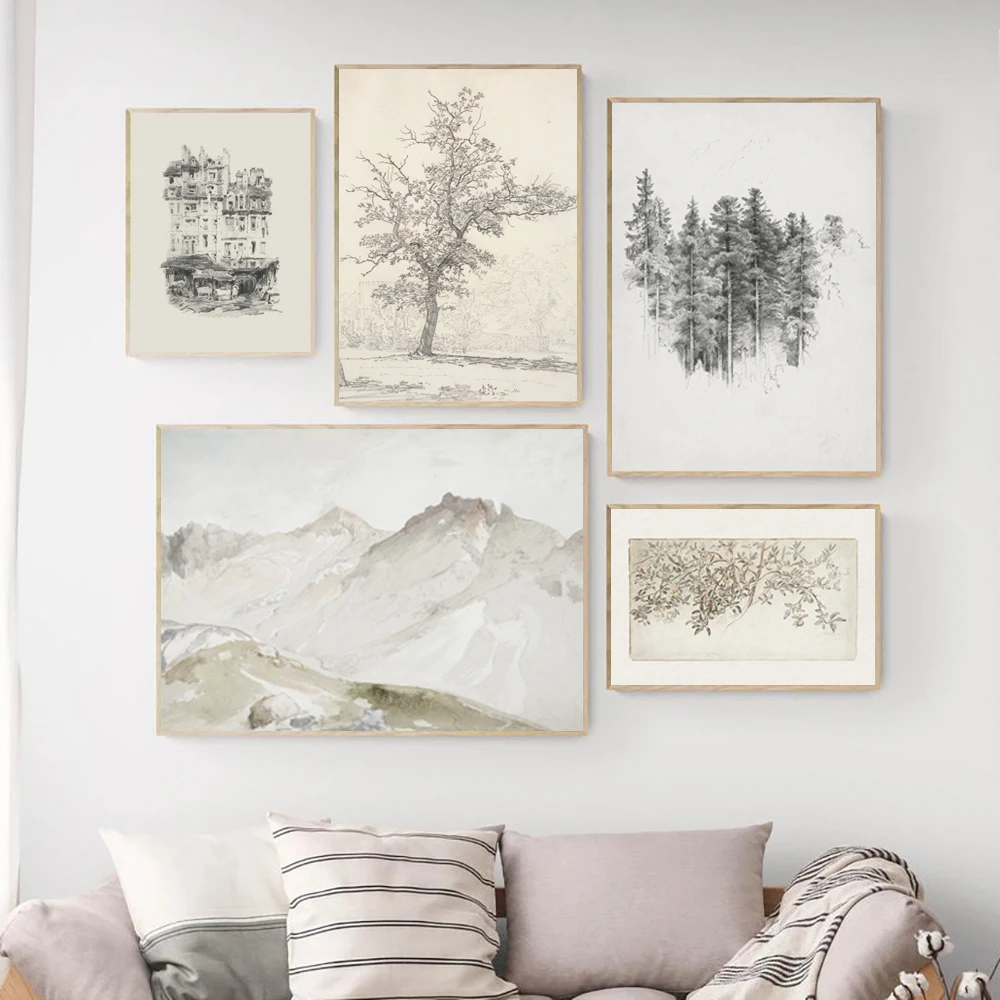 Drawing Canvas Poster, Retro Architecture Sketch Art Painting Rustic Decor