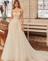 ms a line wedding gowns strapless white tulle appliques sleeveless elegant bride gowns floor length bone corest robe de mariee