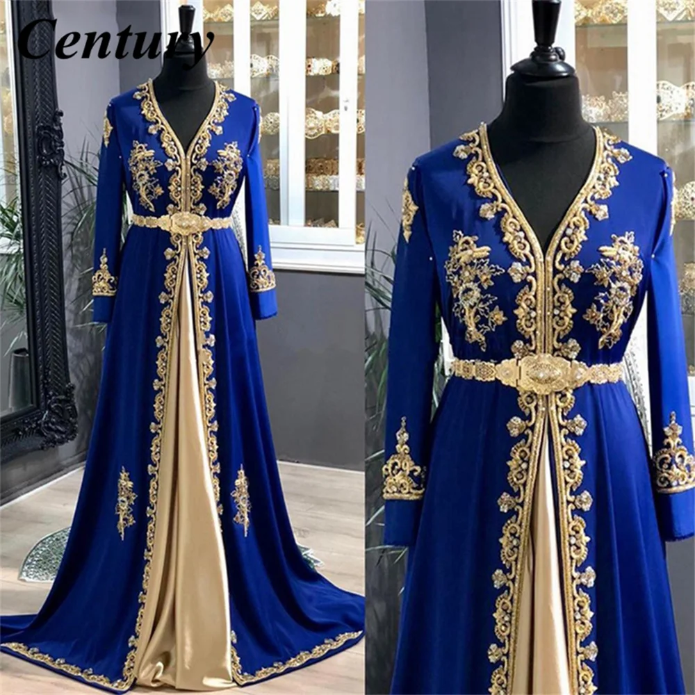 

Century Royal Blue Muslim Evening Dresses Crystals Dubai Formal Gown A-Line V-Neck Dubai Women Moroccan Caftan Party Dress