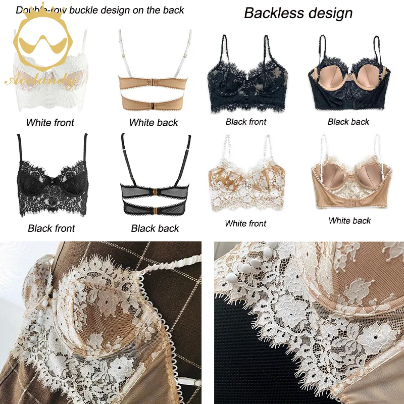 ACELANDY-Sexy Breathable French Women's Underwear Ultra Thin Lace Flower Embroidery Bralette Bra Push Up Eyelash Female Bra