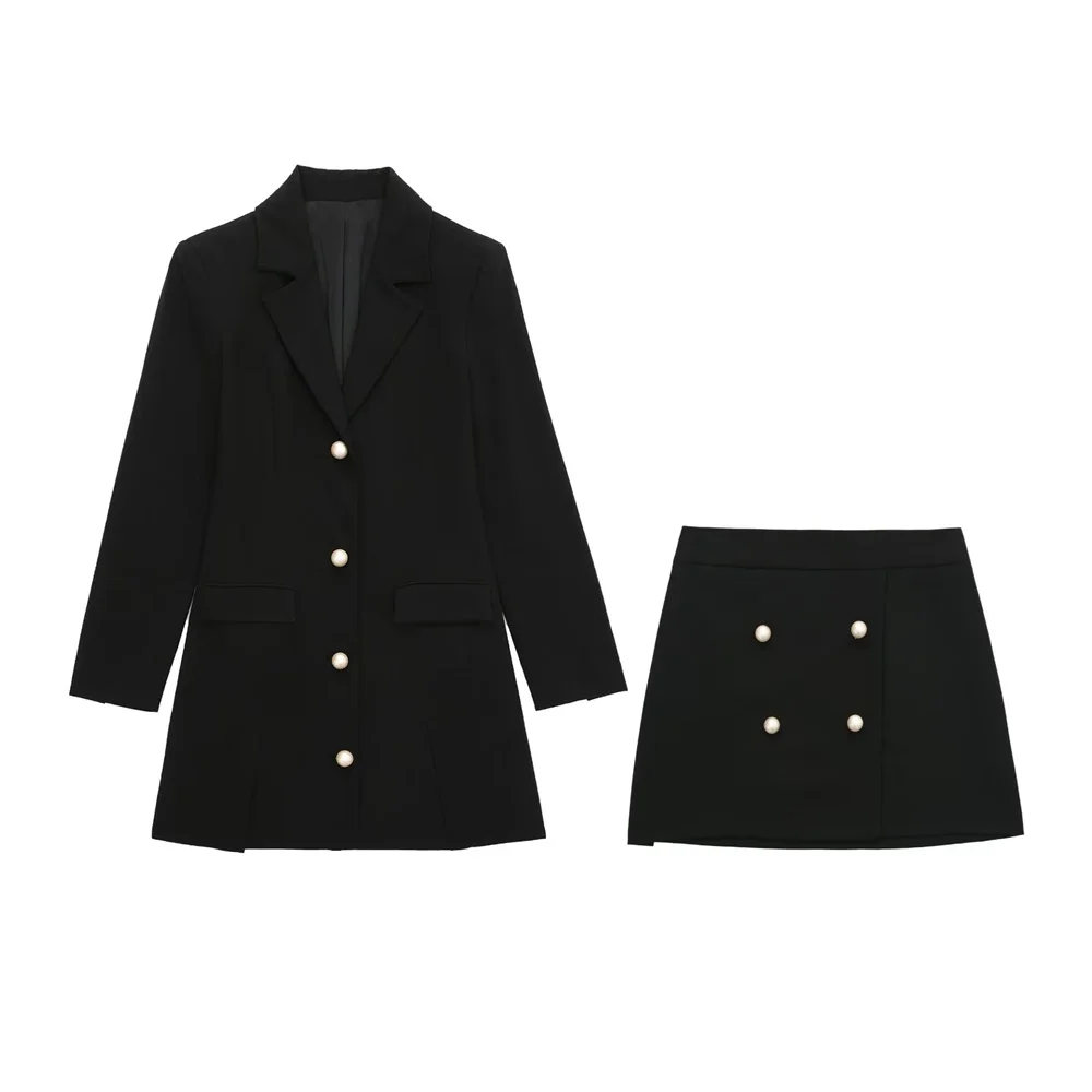 

PB&ZA 2022 Fall New Women's Clothing Faux Pearl-Breasted Blazer Dress High Waist Fashion Mini Skirt Two Piece Set