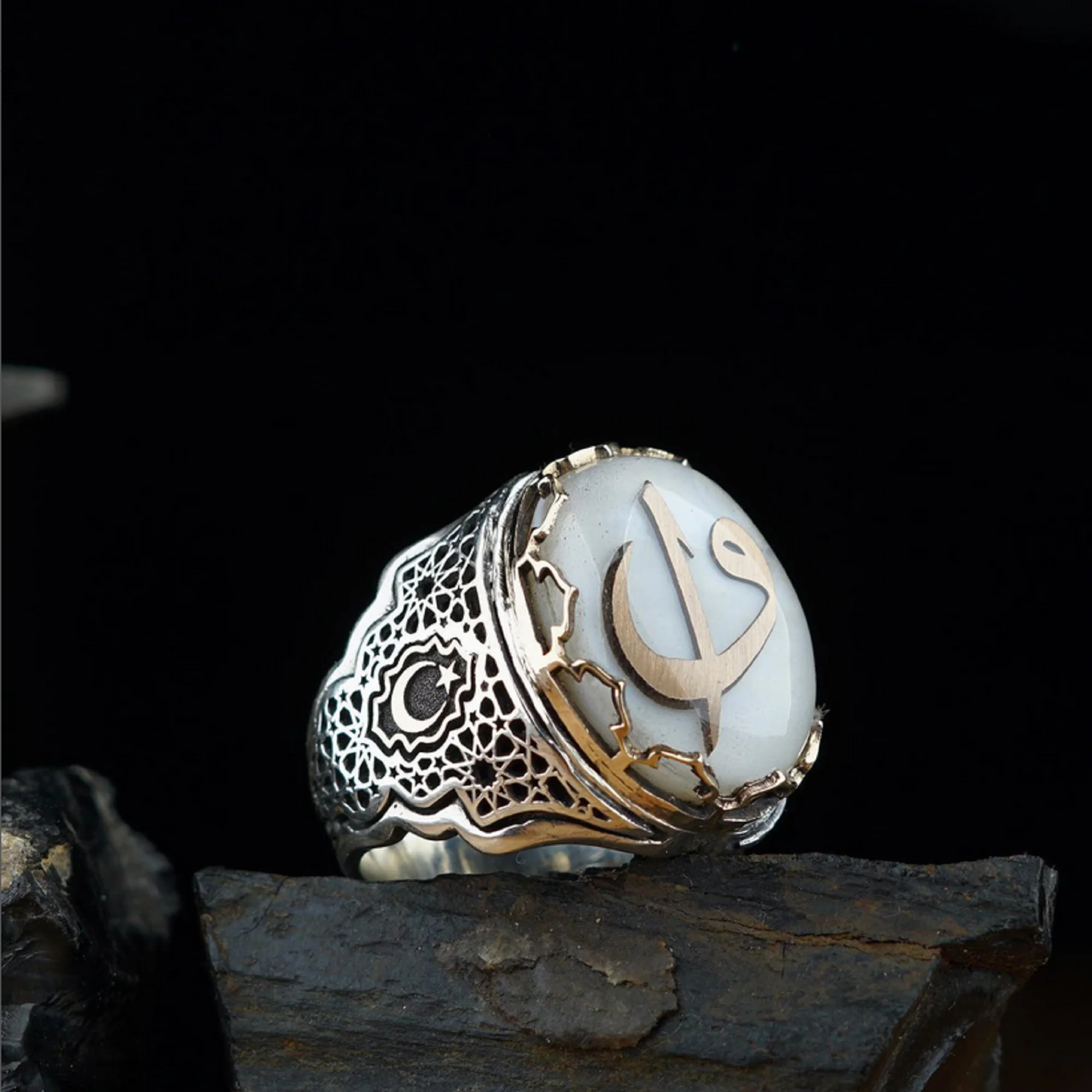 Handmade Ivory Colored Stone 925 Sterling Adjustable Silver Ring, Real Ivory Stone, Custom Patterned Handmade Character Ring