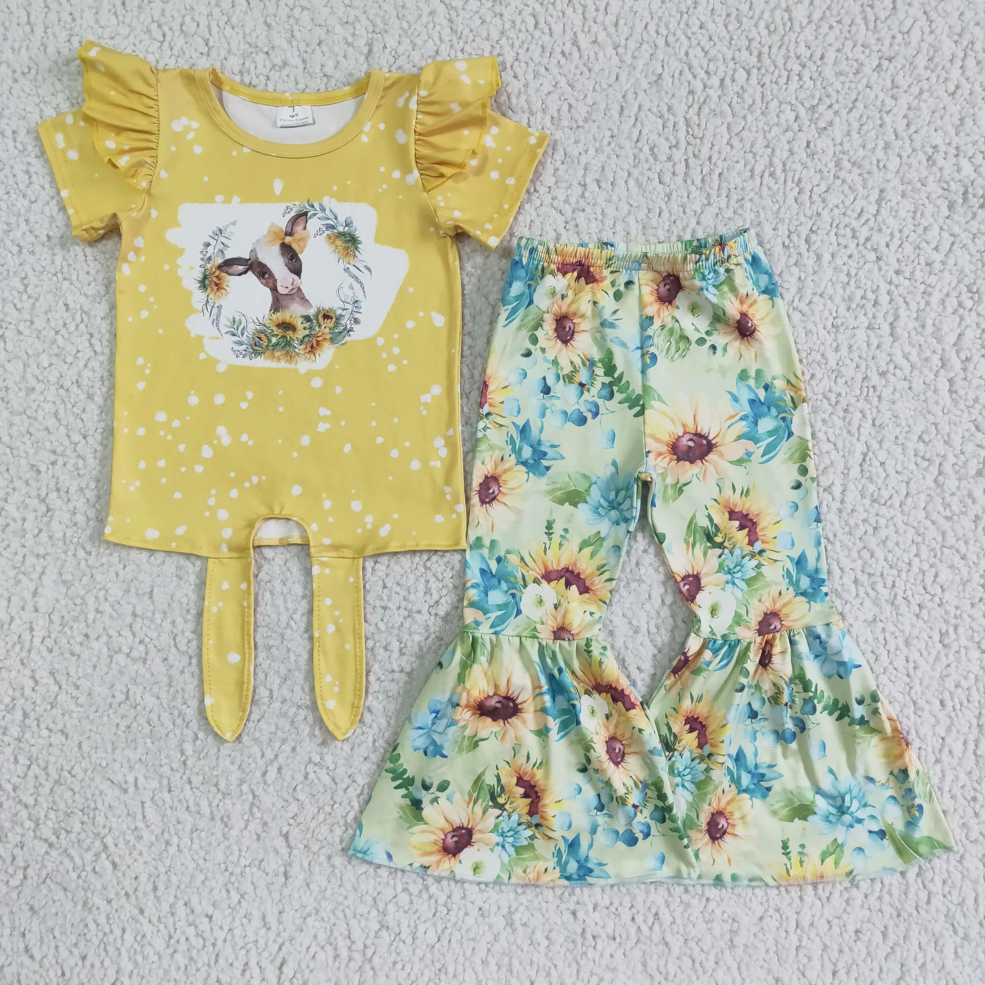 

Boutique Wholesale Baby Girls Cow Print Outfits Kids Short Sleeves Bell Bottom Sets Children Yellow Floral Clothing