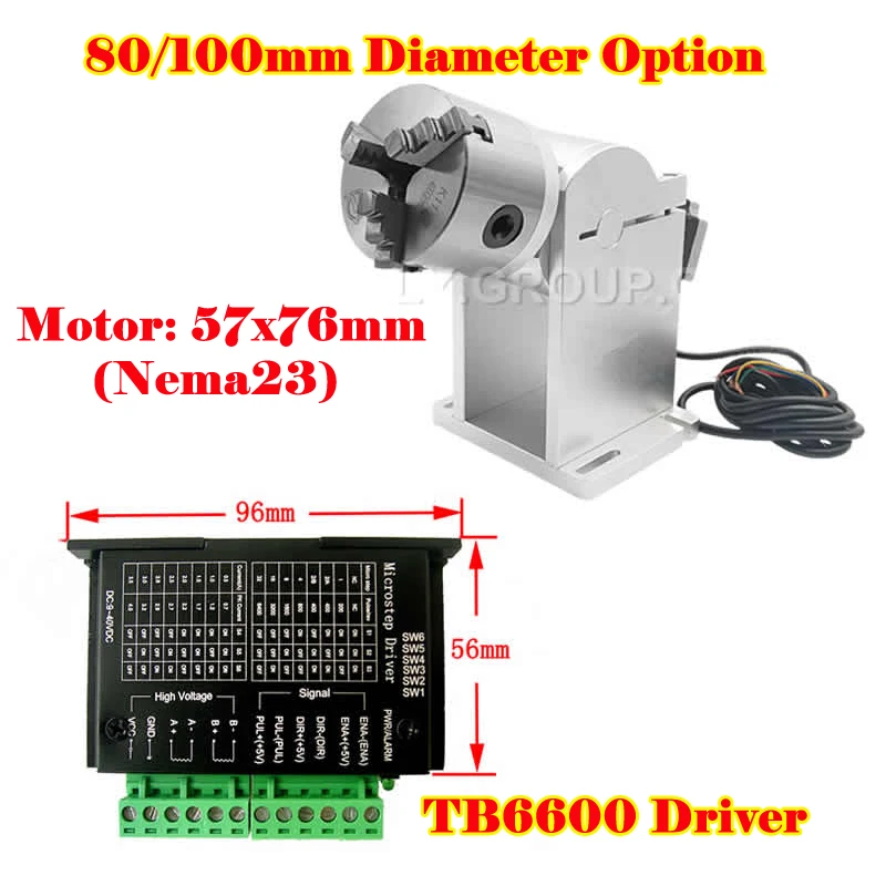 

100mm 80mm Diameter 3 Jaws Chuck CNC Fiber Laser Rotary Axis with TB6600 Motor Driver for Carving Engraving Marking Machine Use