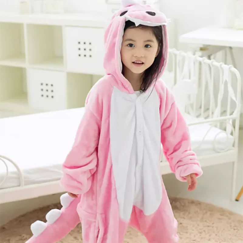 Family Kigurumi Pajamas Pink Dinosaur Animal Onesie Cosplay Costume Pajamas For Kids and Adults With Slippers