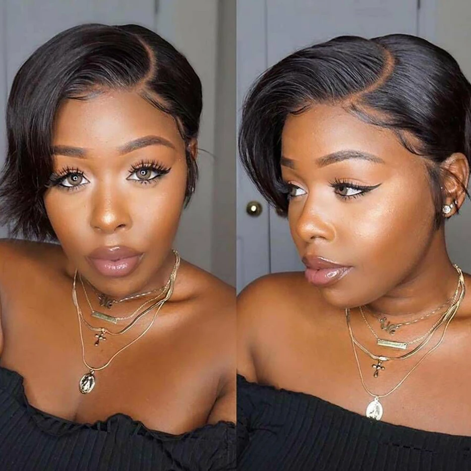 Short Straight Pixie Cut Wig Bob Wig T Part Transparent Lace Wig For Black Women Preplucked Hairline Natural Human Hair Wigs