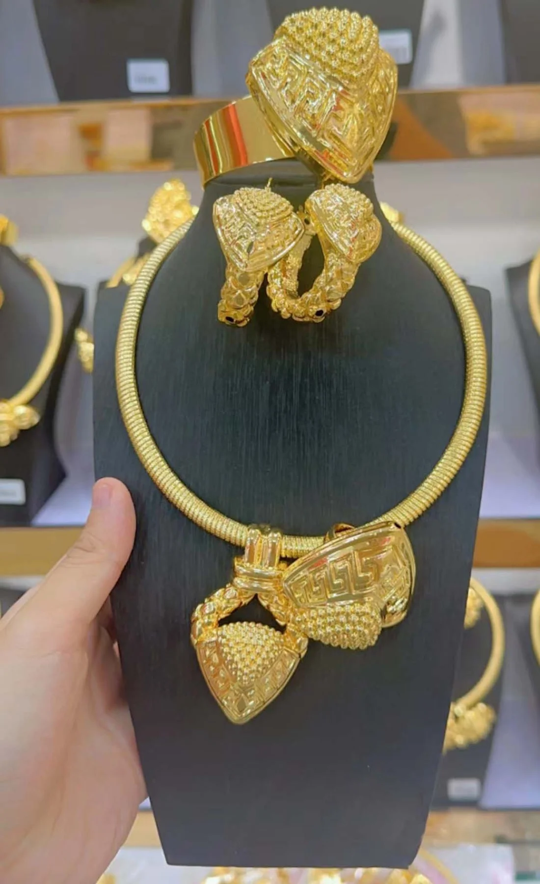 Ювелирный набор Yulaili Heart Lock Greek Key: позолоченные украшения из сплава для свадьбы в нигерийскомдубайском стиле – колье, серьги, браслет, кольцо HK0056 (art.: 3920da26cb92f) - 3920da26cb92f
