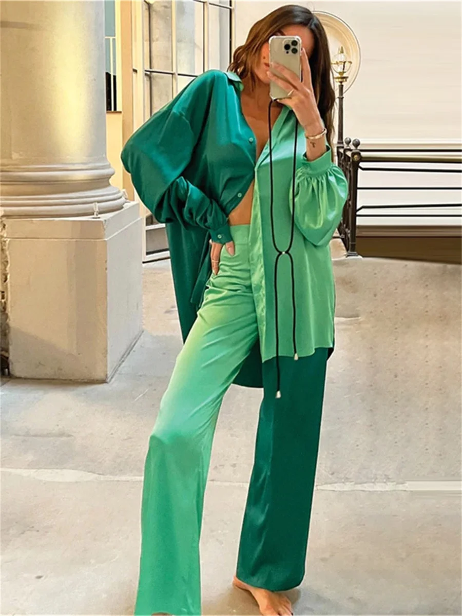 wsevypo Green Color Block Two-Piece Suits Women Satin Matching Sets Lantern Long Sleeve Loose Lapel Shirts+Straigh Leg Trousers