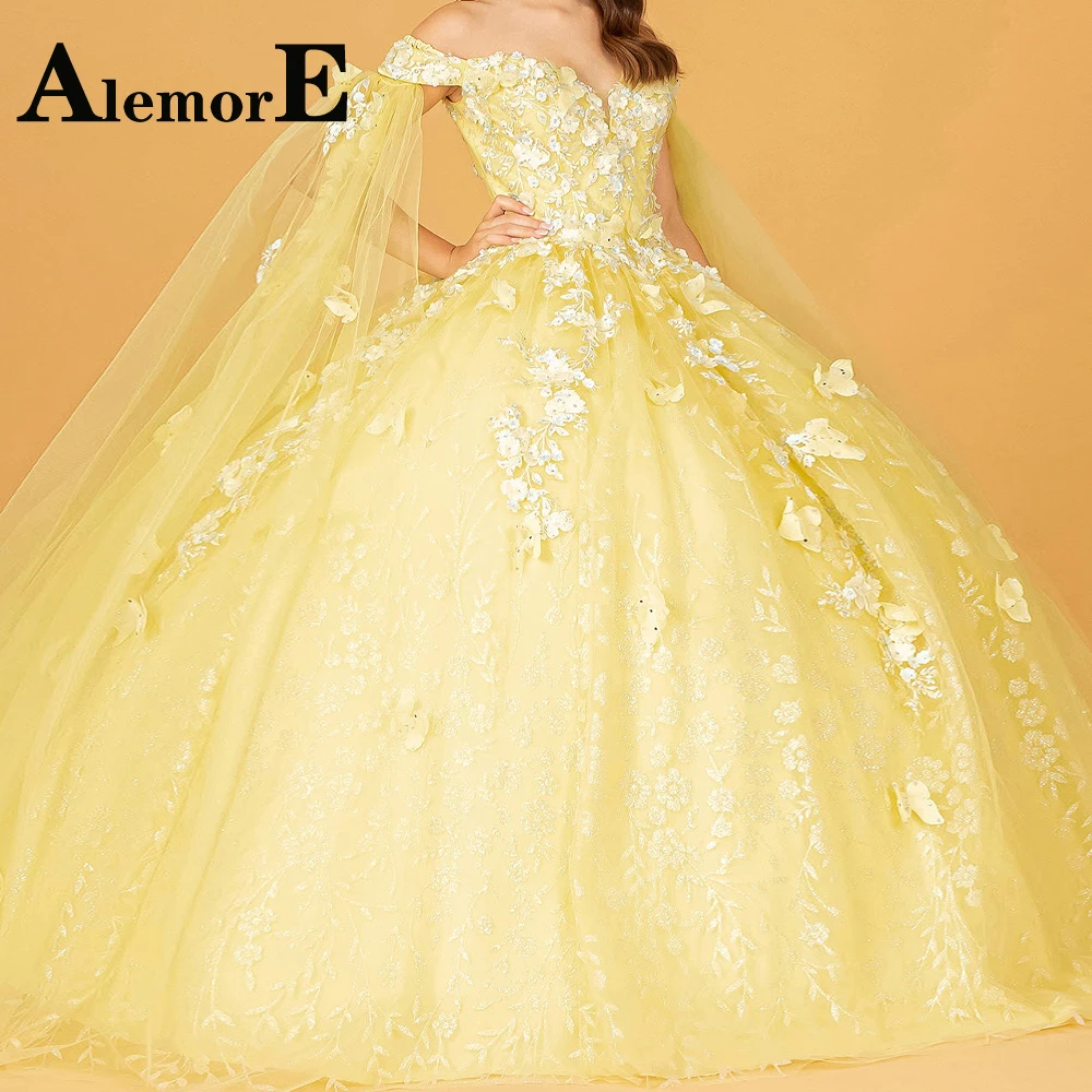 

Изящное бальное платье Alemore, платья для Quinceanera, платье с глубоким круглым вырезом, открытыми плечами, 3D цветами, рукавами-крылышками, индивидуальный пошив, платье для 15 лет