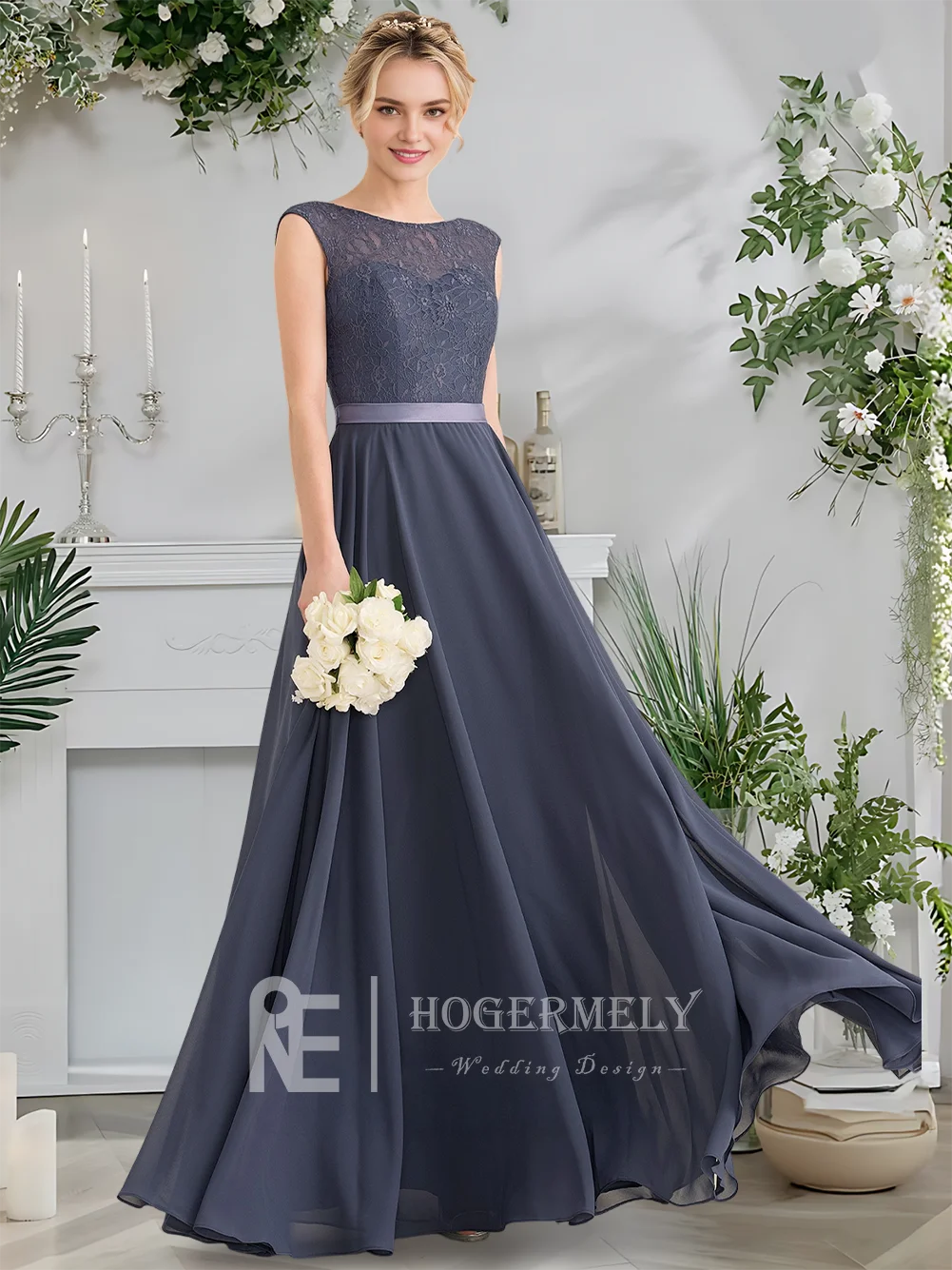 Фото GDH Роскошное вечернее платье Stormy, А-силуэт, длиной до пола, из шифона, с асимметричными каскадными рюшами и кружевом, для официальных свадебных торжеств и вечеринок. №5