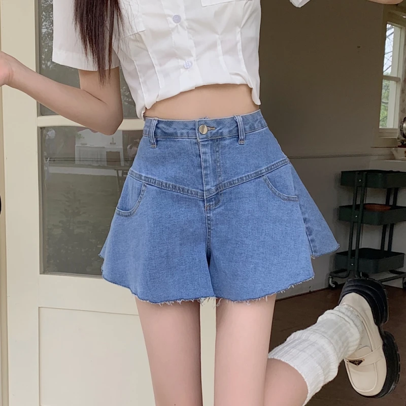 Women's Y2K Clothes Vintage New Flared Pants Skirt Leisure Skinny Wide Leg Ruffle Denim Shorts Summer 2023 Korean Style Fashion