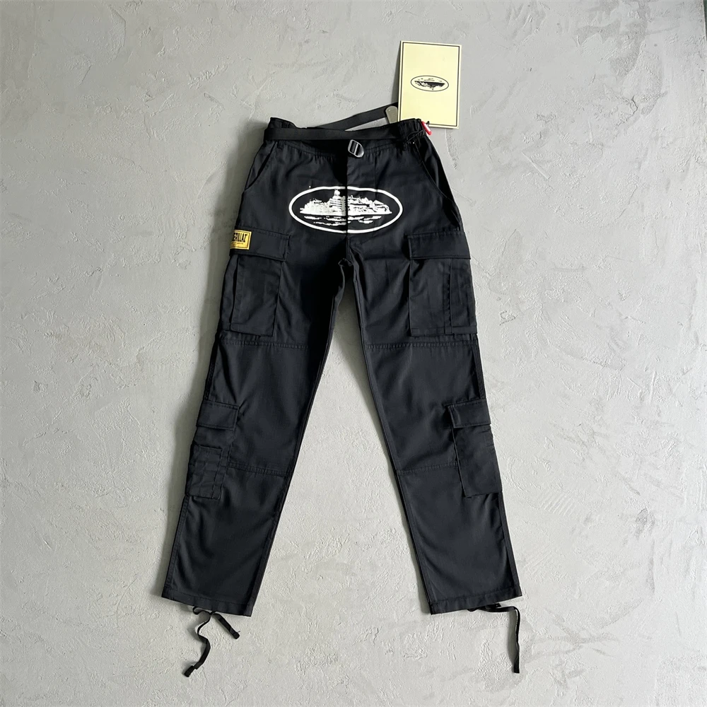 

High Street Fashion Corteiz Cargo Pants 5star Black White Logo Yellow Patch Overalls Top Quality Printed Bottom EU Sizes XS-XL